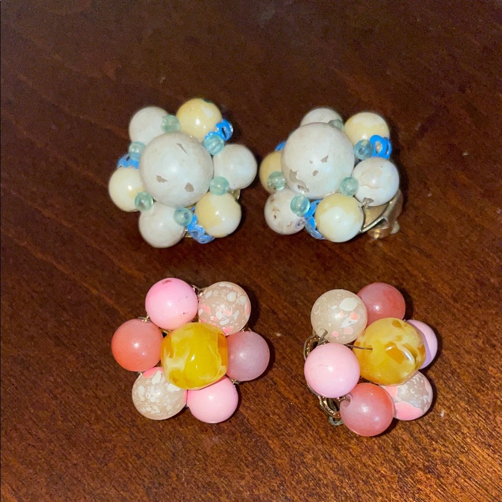 Vintage Floral Beaded Clip-On Earrings Stamped Japan Hong Kong 2 Pair Pink Blue